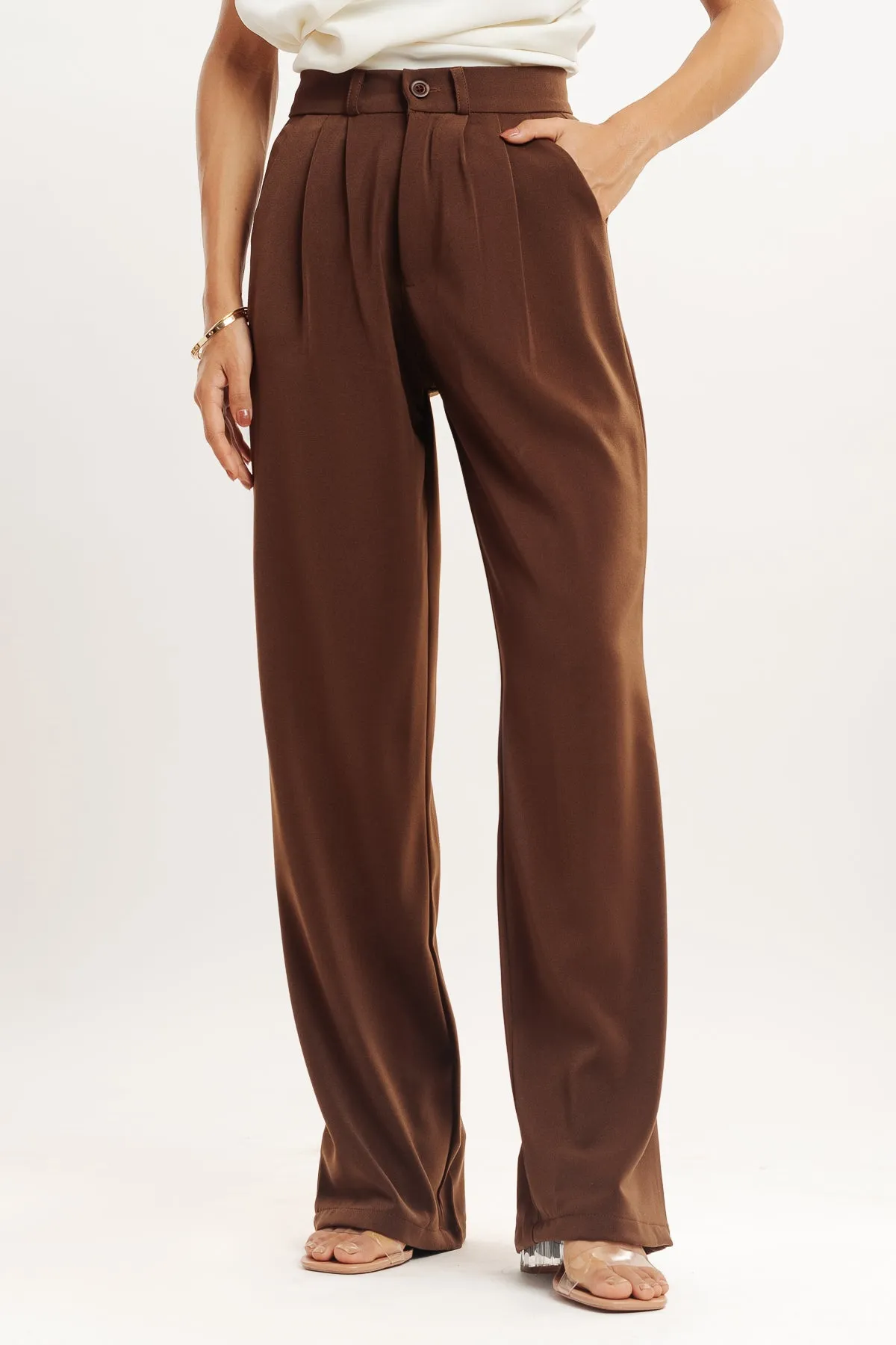 Brown Pleated Straight Fit Korean Pants