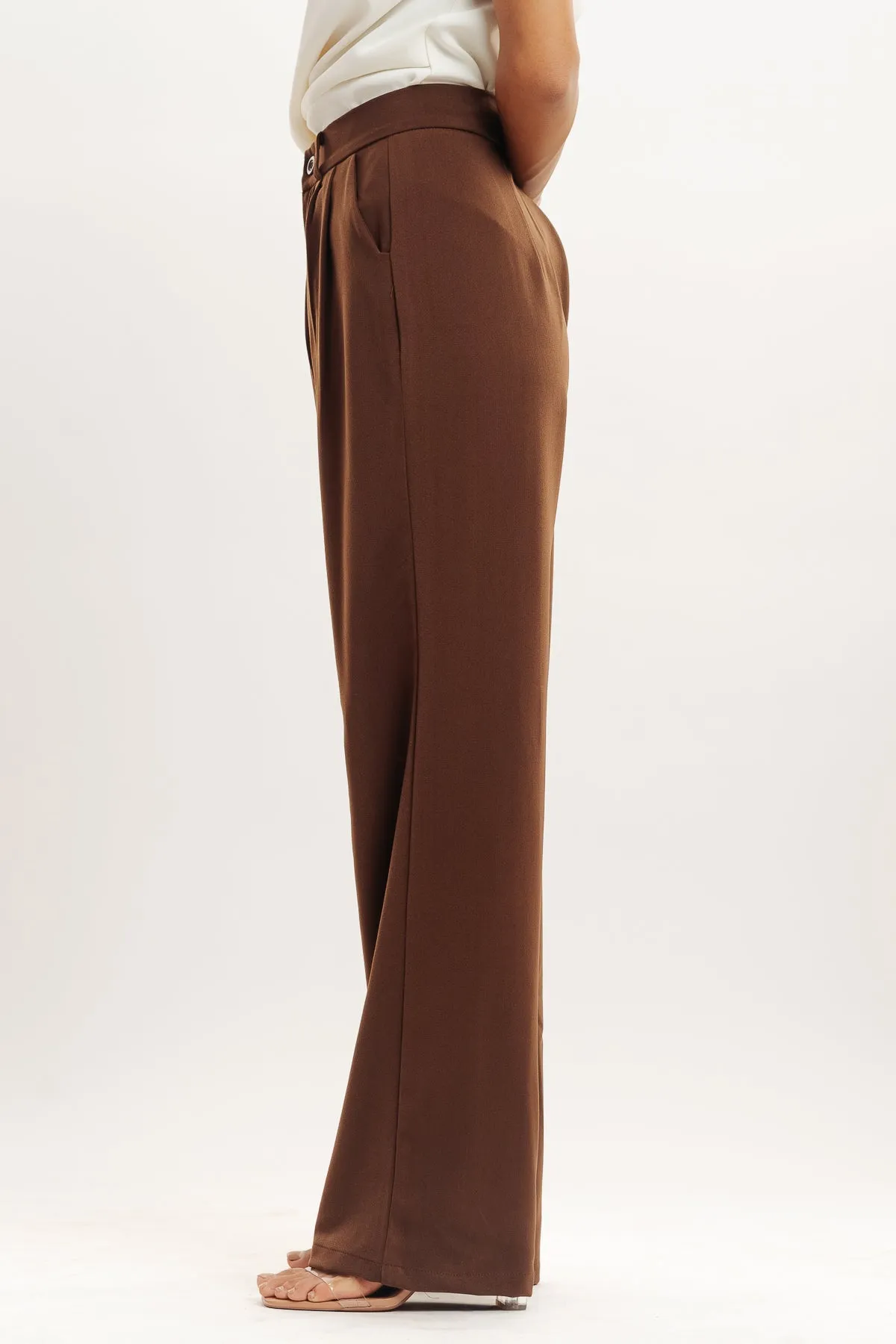 Brown Pleated Straight Fit Korean Pants