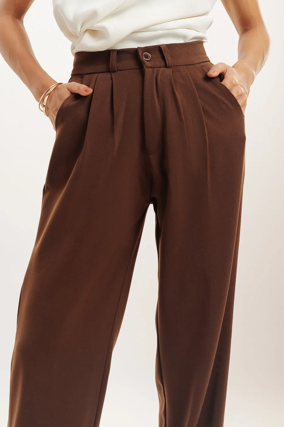 Brown Pleated Straight Fit Korean Pants