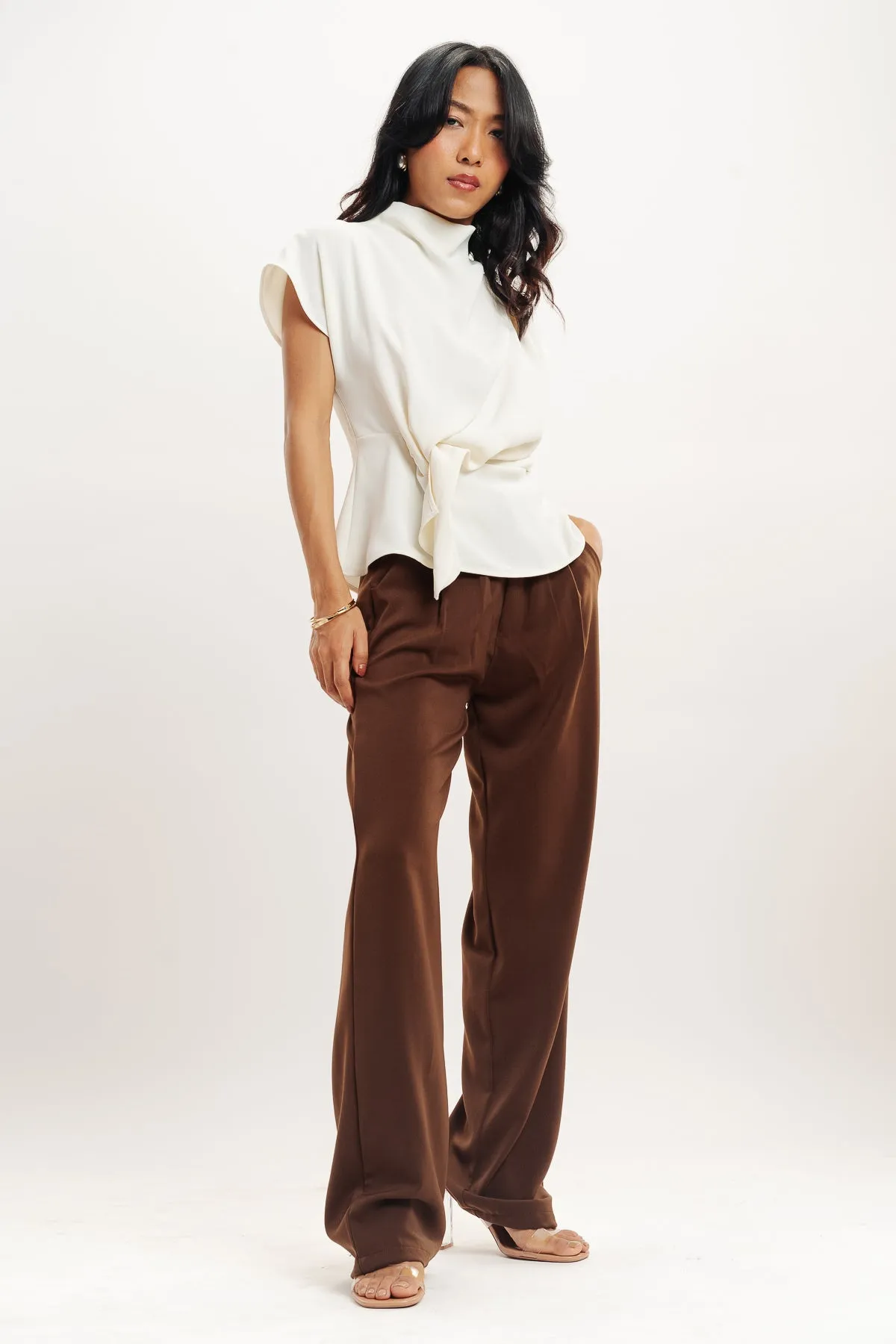 Brown Pleated Straight Fit Korean Pants