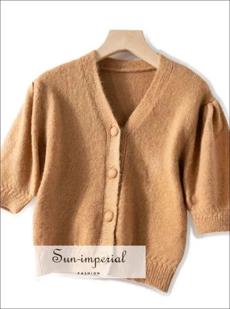 Brown  Women Short Sleeve Knitted Cardigan Single Breasted Sweater top