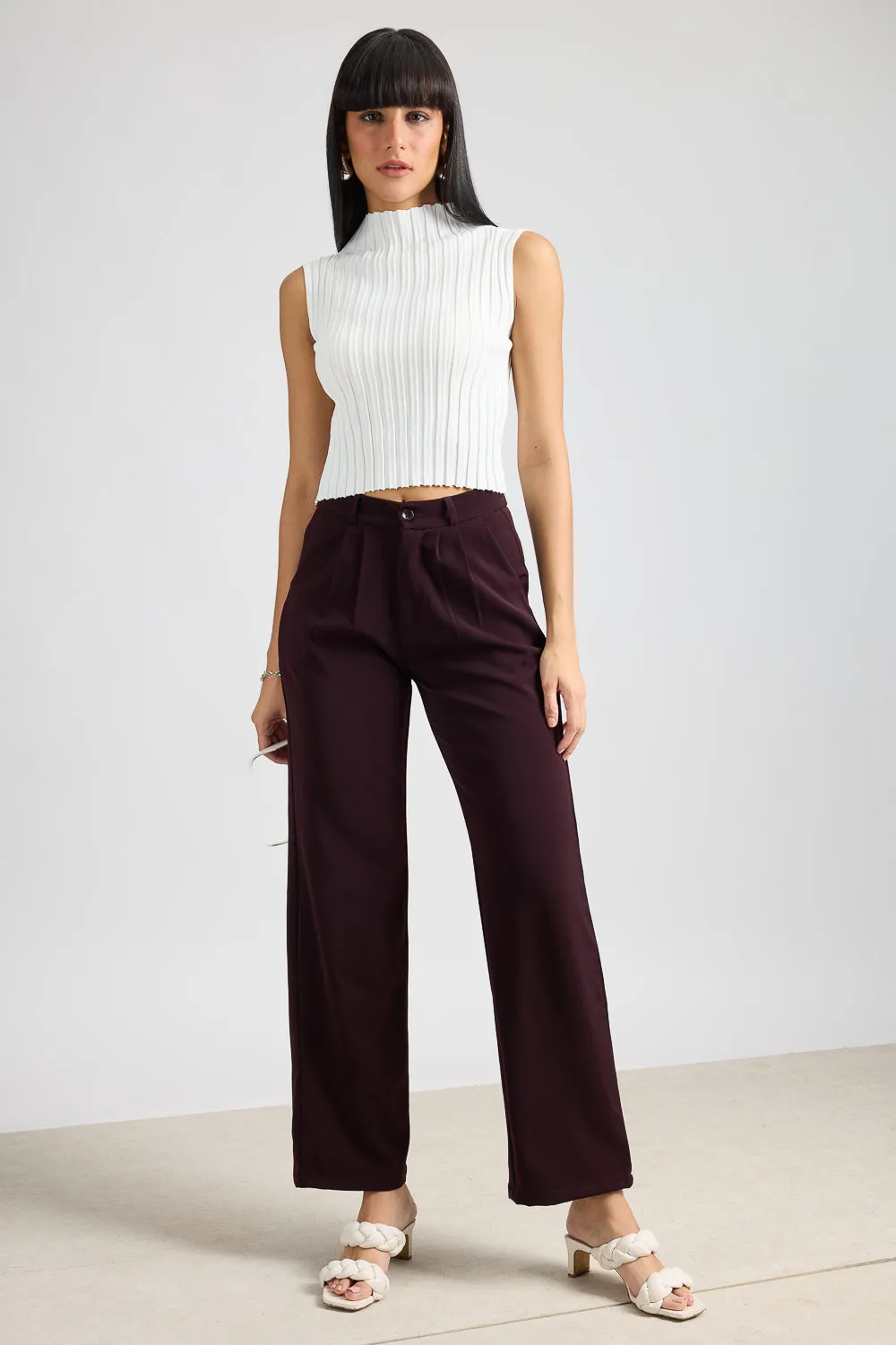 Burgundy Pleated Straight Fit Korean Pant