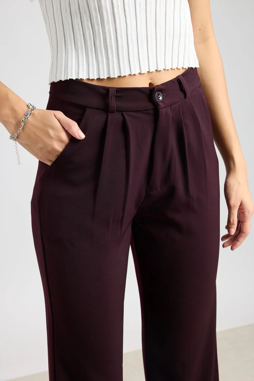 Burgundy Pleated Straight Fit Korean Pant