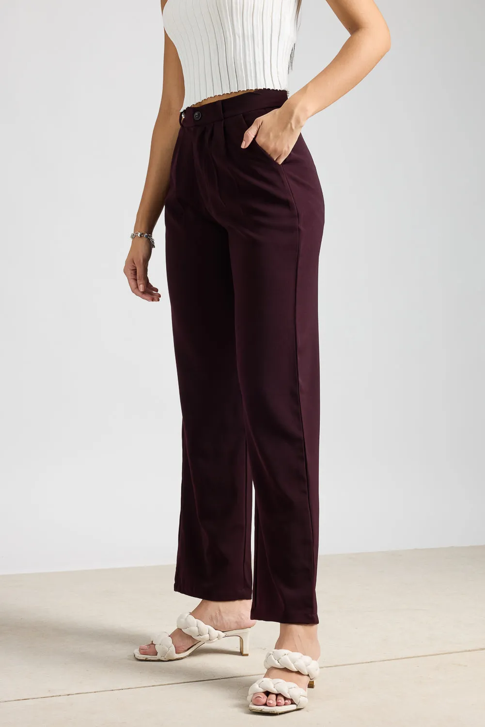 Burgundy Pleated Straight Fit Korean Pant