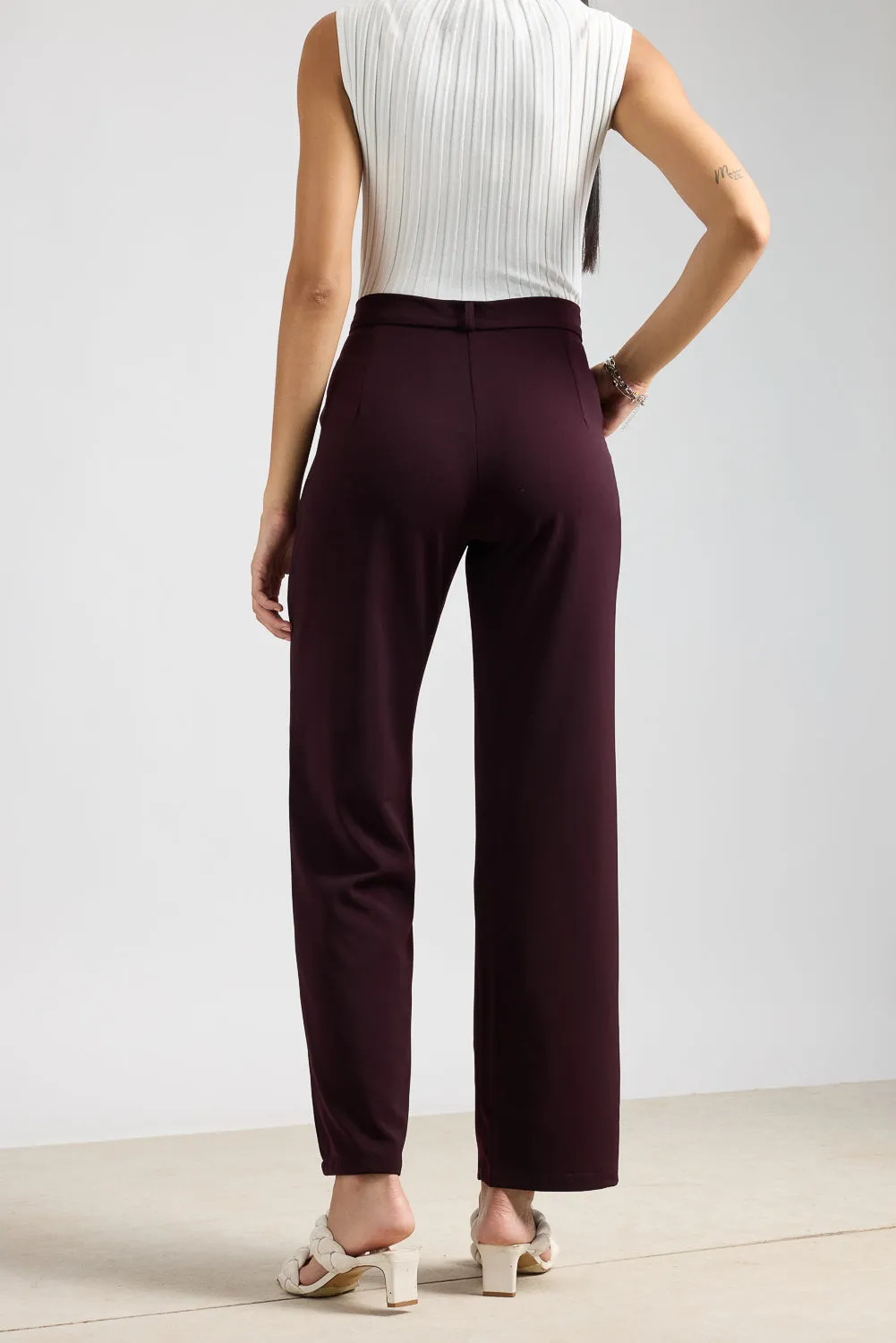 Burgundy Pleated Straight Fit Korean Pant