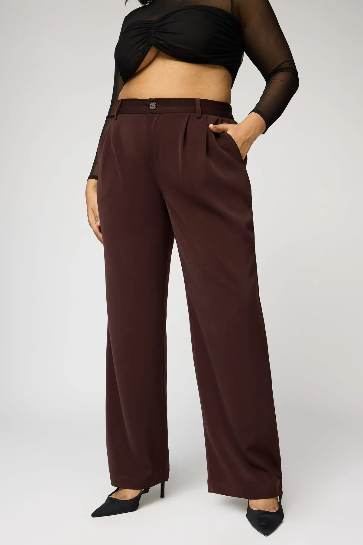 Burnt Sienna Curve Pleated Straight Korean Pants