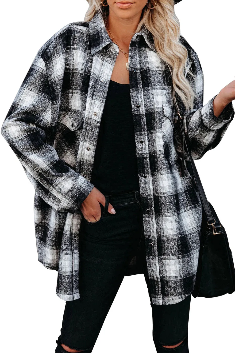 Buttons Pocketed Plaid Shacket