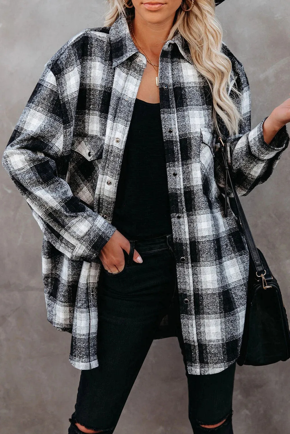 Buttons Pocketed Plaid Shacket