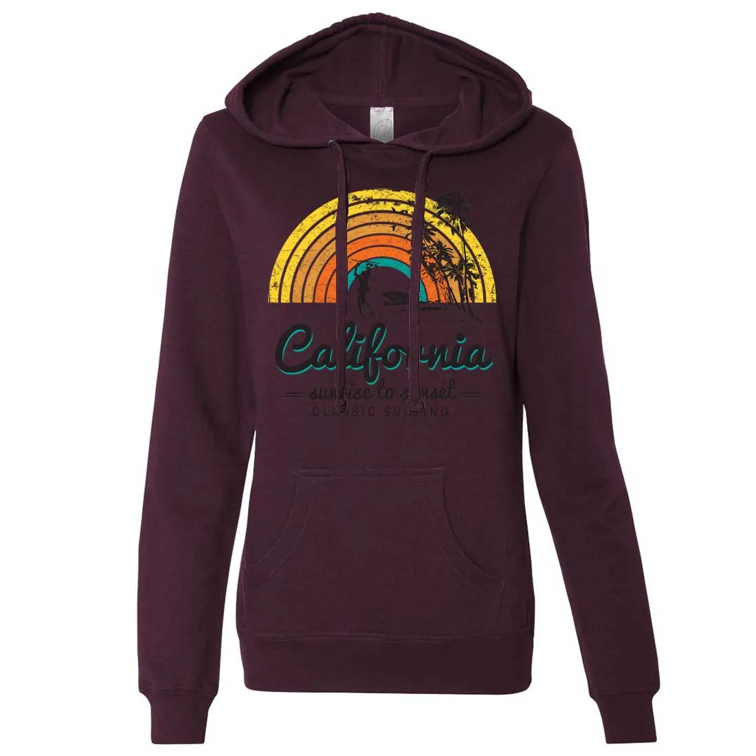 California Classic Sunrise Surfing Ladies Lightweight Fitted Hoodie