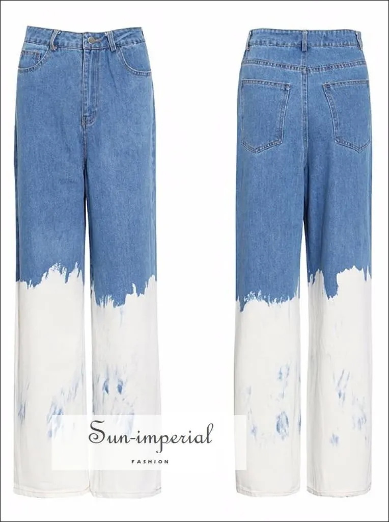 Casual Loose White Painted Women full Length Two Tone Denim Jeans High Waist Color Block Wide Leg