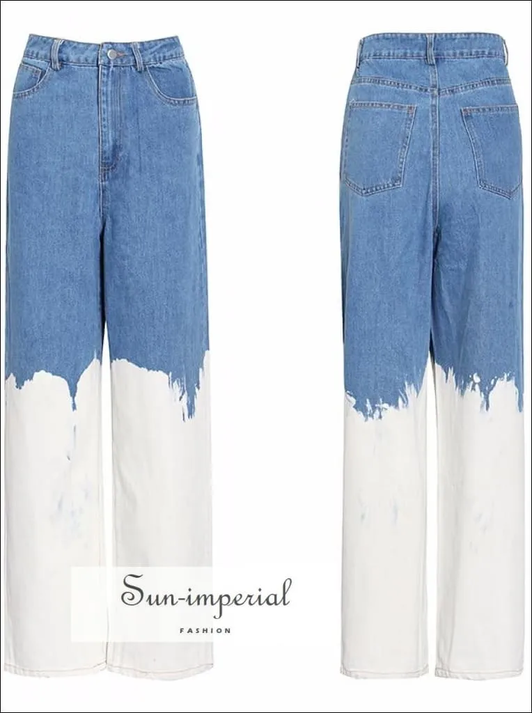 Casual Loose White Painted Women full Length Two Tone Denim Jeans High Waist Color Block Wide Leg