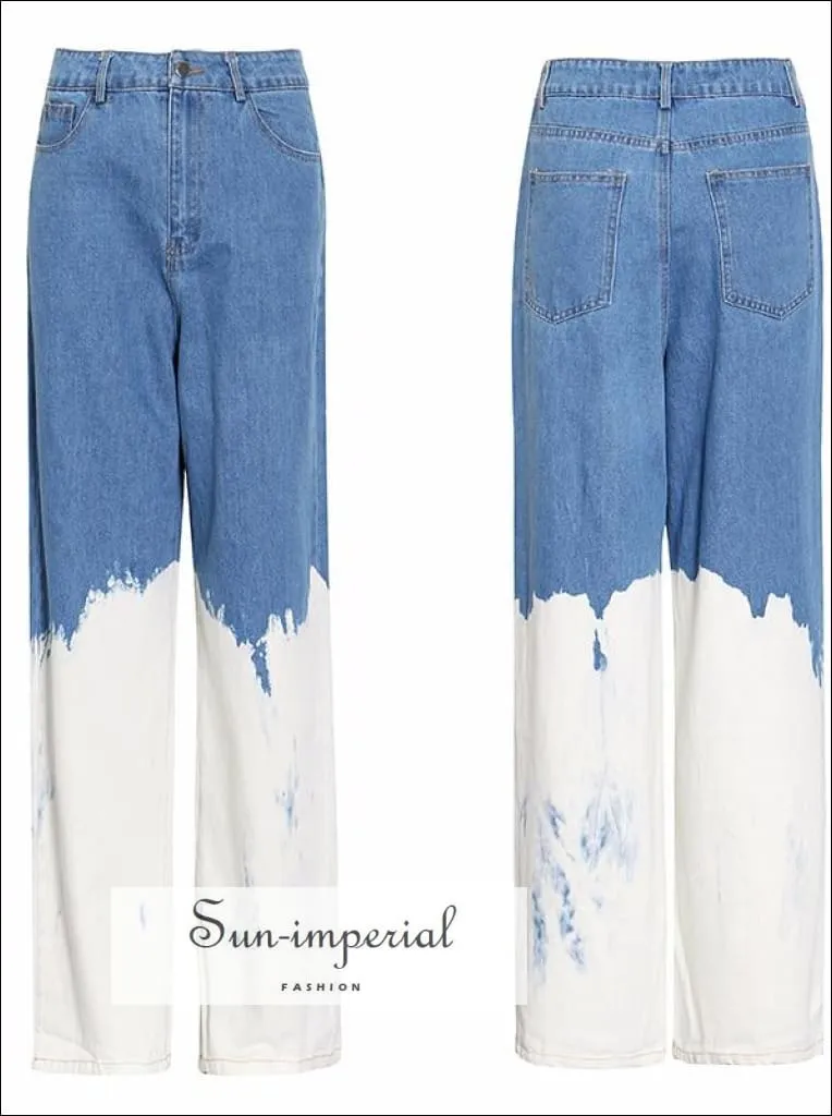 Casual Loose White Painted Women full Length Two Tone Denim Jeans High Waist Color Block Wide Leg