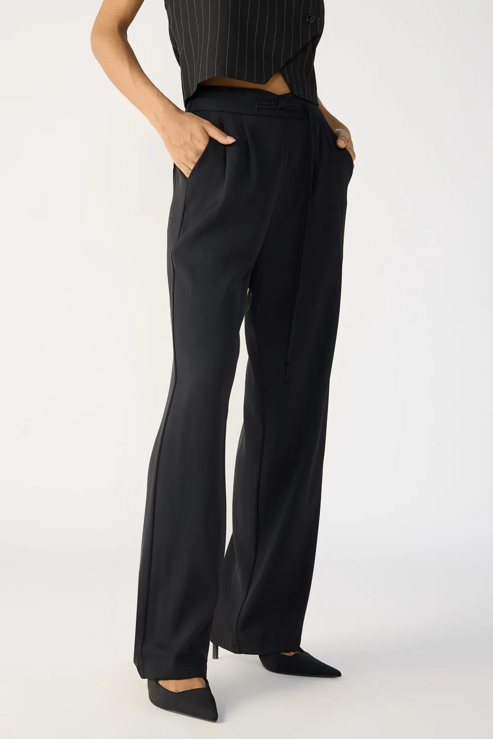 Caviar Black Knotted Waist Korean Pants