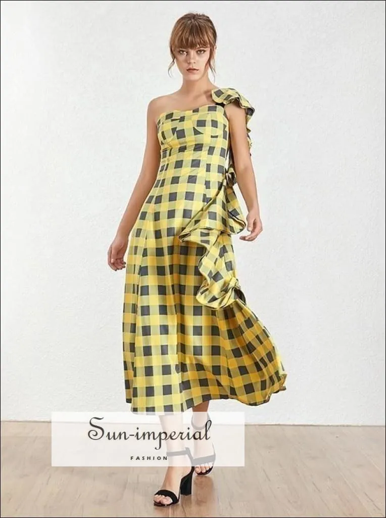 Cenon Dress - Yellow Plaid Sleeveless Asymmetrical Maxi Dress One Shoulder High Waist Ruffles Plaid