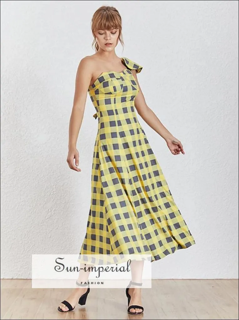 Cenon Dress - Yellow Plaid Sleeveless Asymmetrical Maxi Dress One Shoulder High Waist Ruffles Plaid