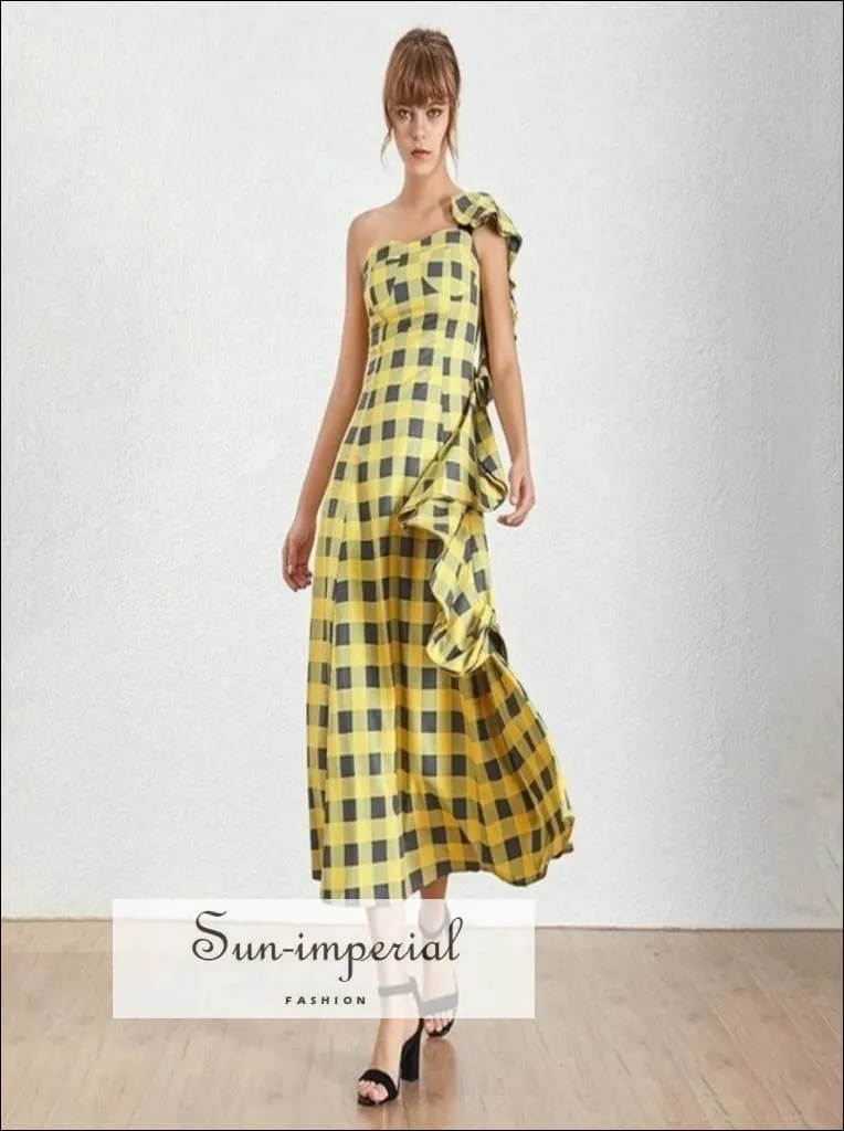 Cenon Dress - Yellow Plaid Sleeveless Asymmetrical Maxi Dress One Shoulder High Waist Ruffles Plaid