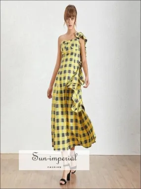 Cenon Dress - Yellow Plaid Sleeveless Asymmetrical Maxi Dress One Shoulder High Waist Ruffles Plaid