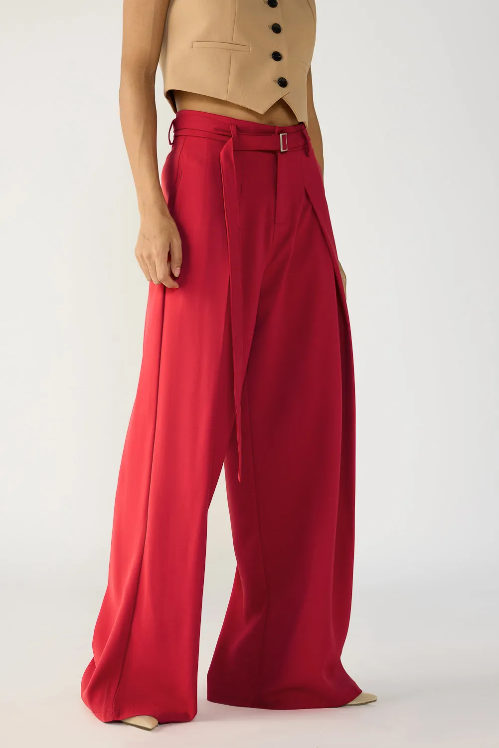 Cherry Red Belted Flared Korean Pants