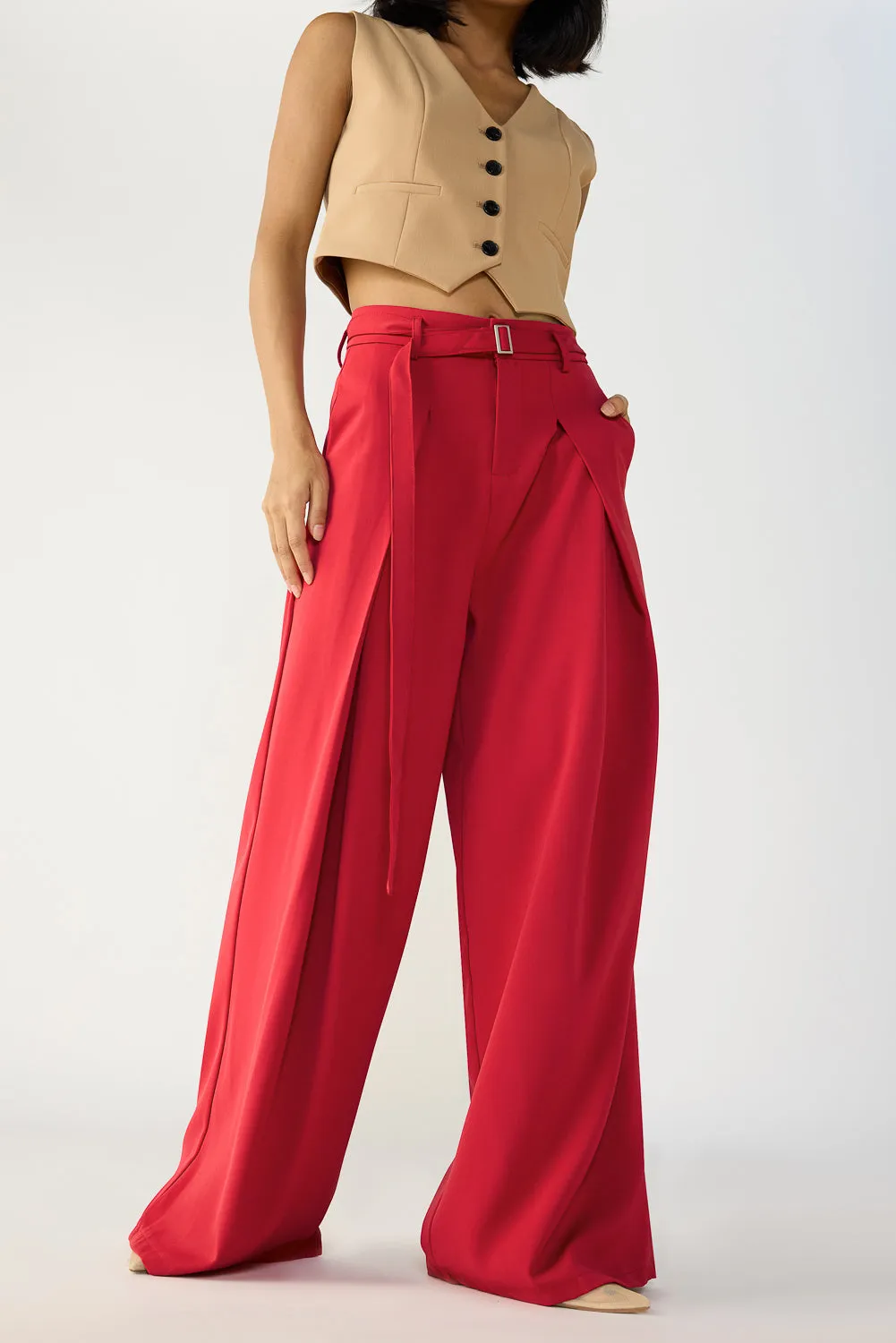 Cherry Red Belted Flared Korean Pants