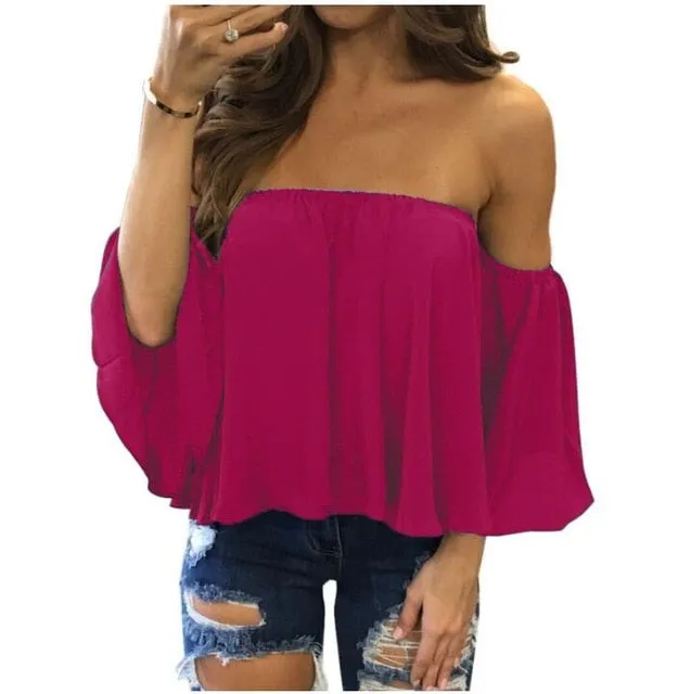 Chiffon Off Shoulder Shirts Strapless Short Sleeve Beach Tops Tee Feminine Plus Size 5XL