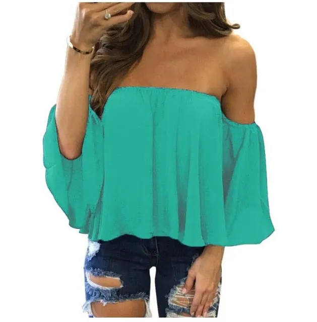 Chiffon Off Shoulder Shirts Strapless Short Sleeve Beach Tops Tee Feminine Plus Size 5XL