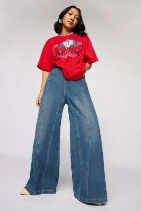 Classic Navy Denim Flared Korean Pants