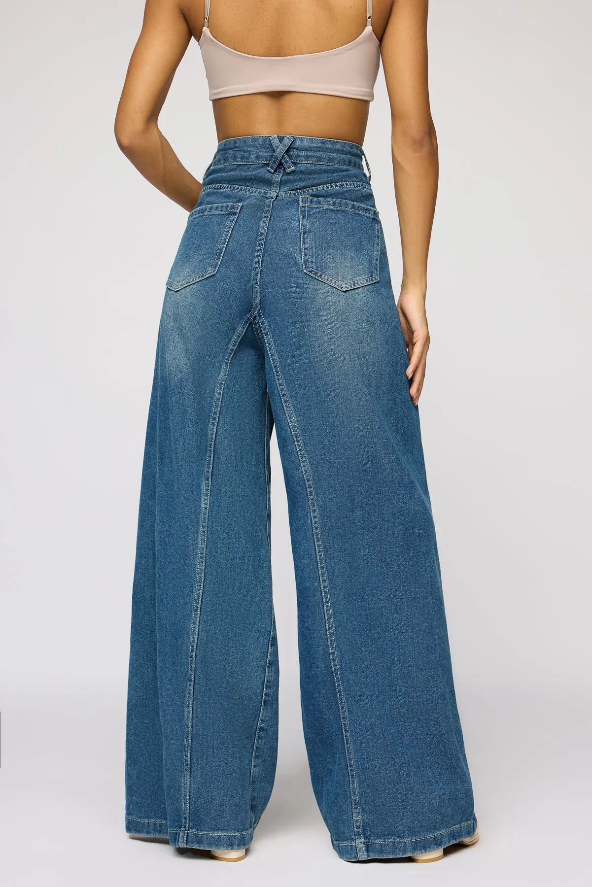 Classic Navy Denim Flared Korean Pants