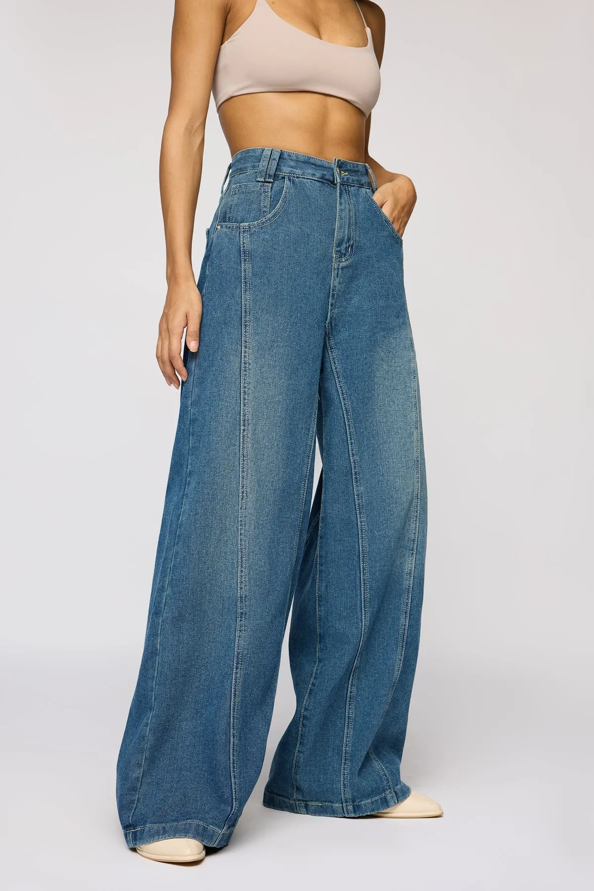 Classic Navy Denim Flared Korean Pants