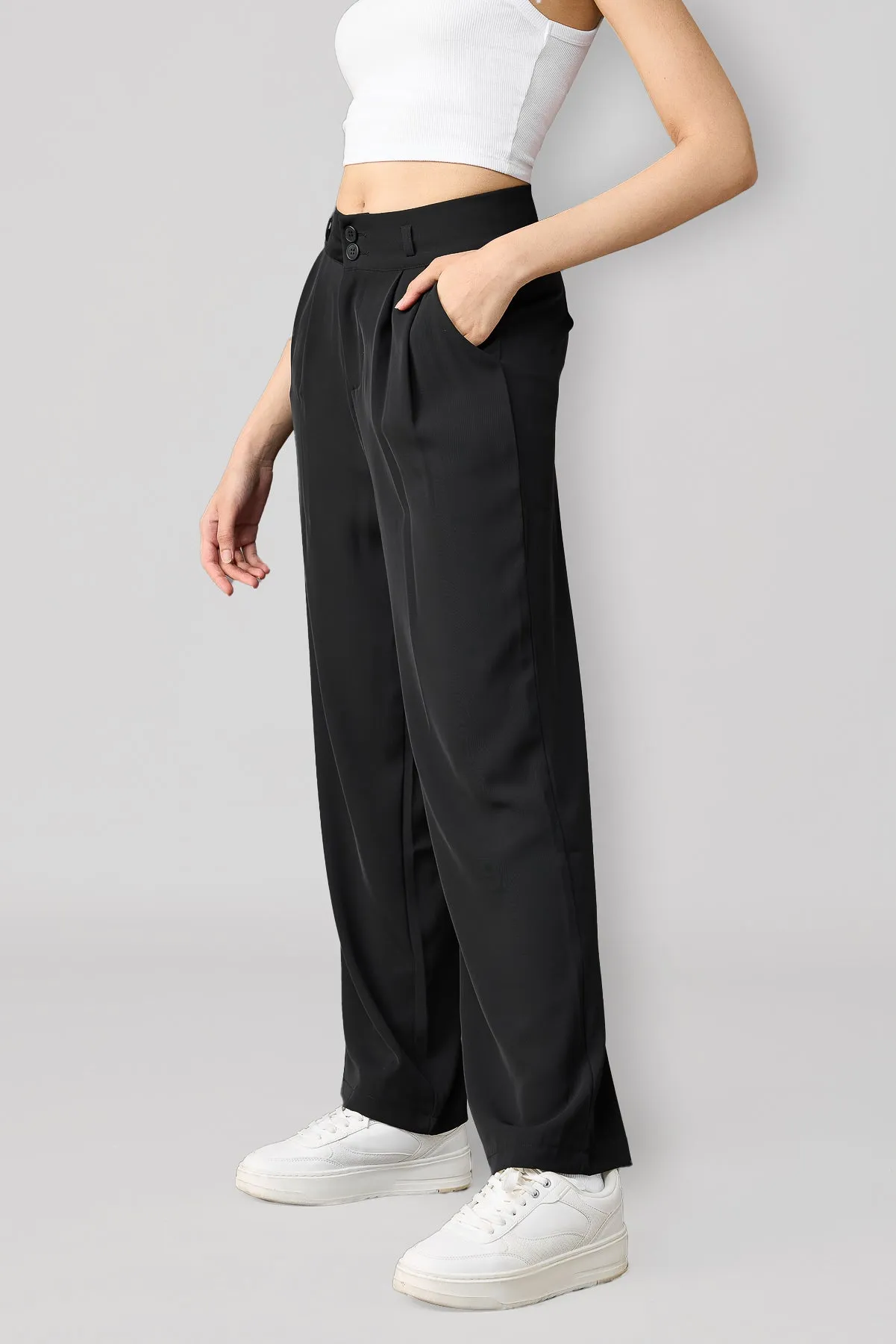 Classic Pleated Wide Leg Korean Pants - Black