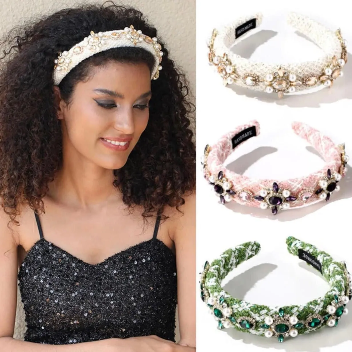 Classic Tweed Rhinestone and Pearl  head band, elegant, comfy and stylish