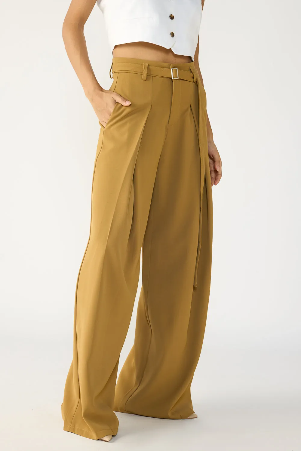 Clay Brown Belted Flared Korean Pants