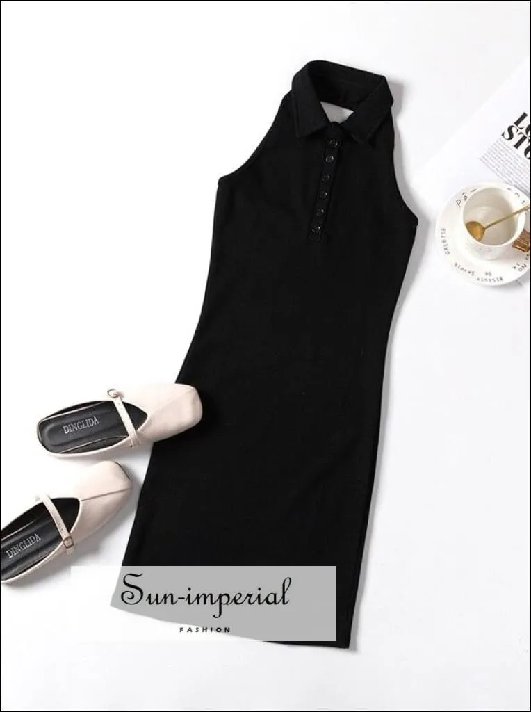 Collar Button front Bodycone Rib Black Mini Dress