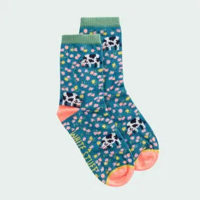 Cow Floral Ankle Socks - Teal Multi