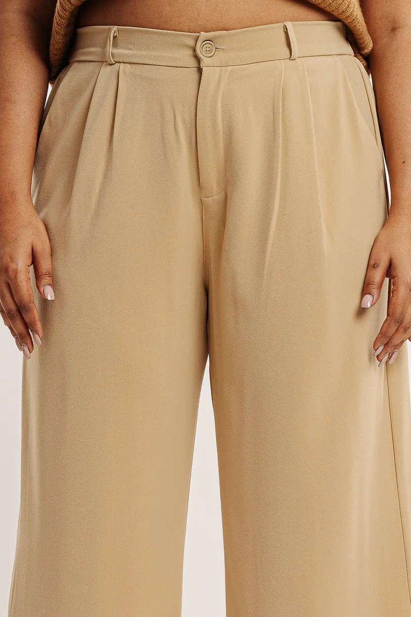 Cream Pleated Straight Fit Curve Korean Pant