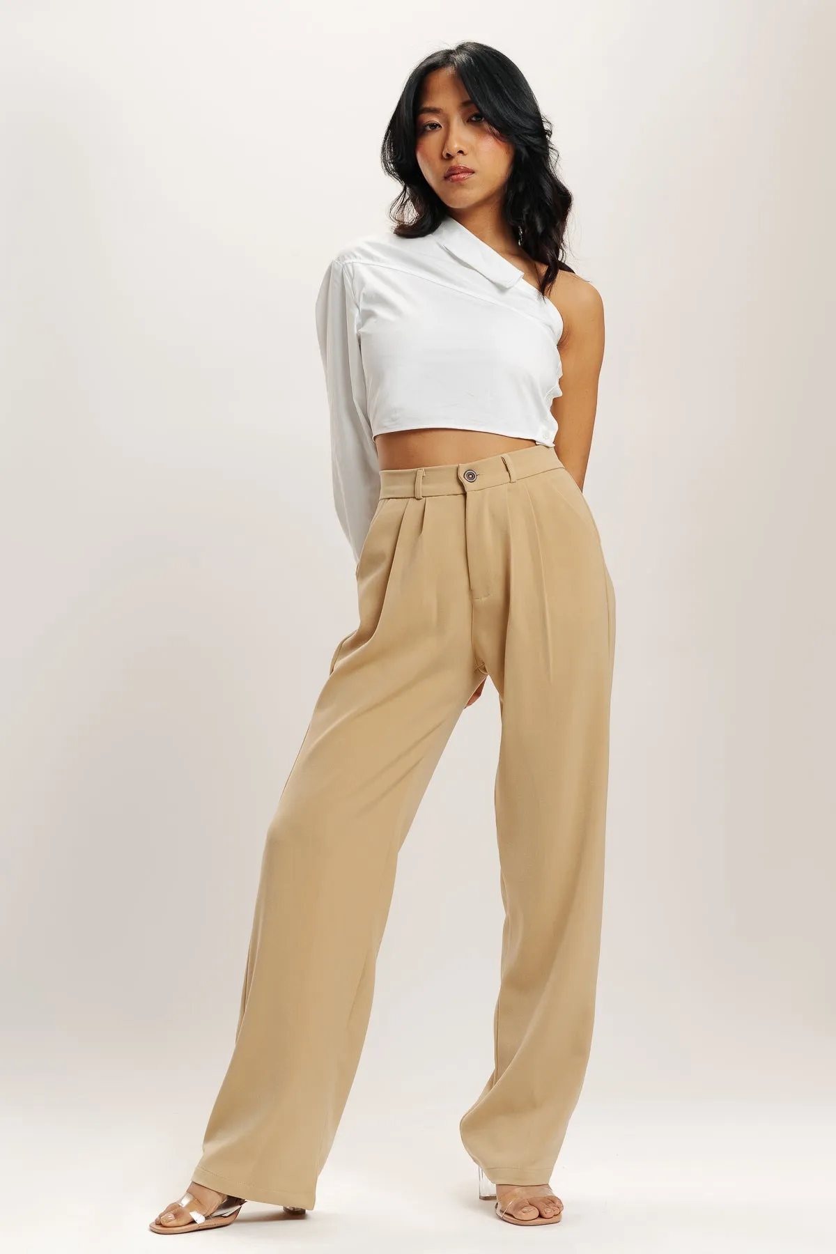 Cream Pleated Straight Fit Korean Pant