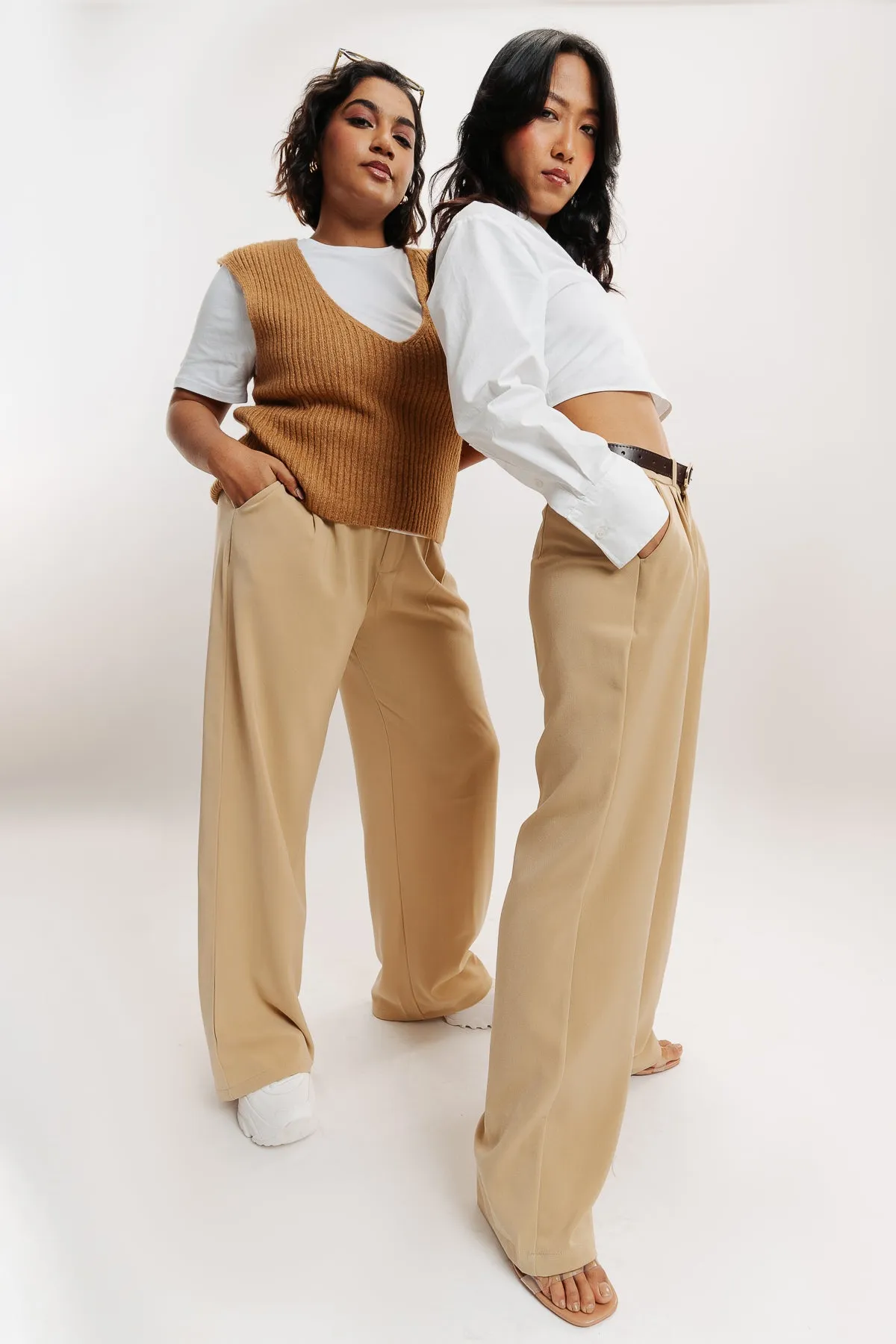 Cream Pleated Straight Fit Korean Pant