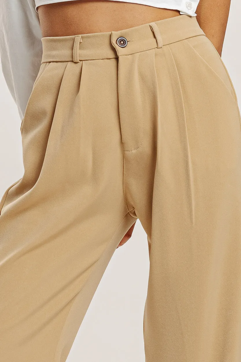 Cream Pleated Straight Fit Korean Pant