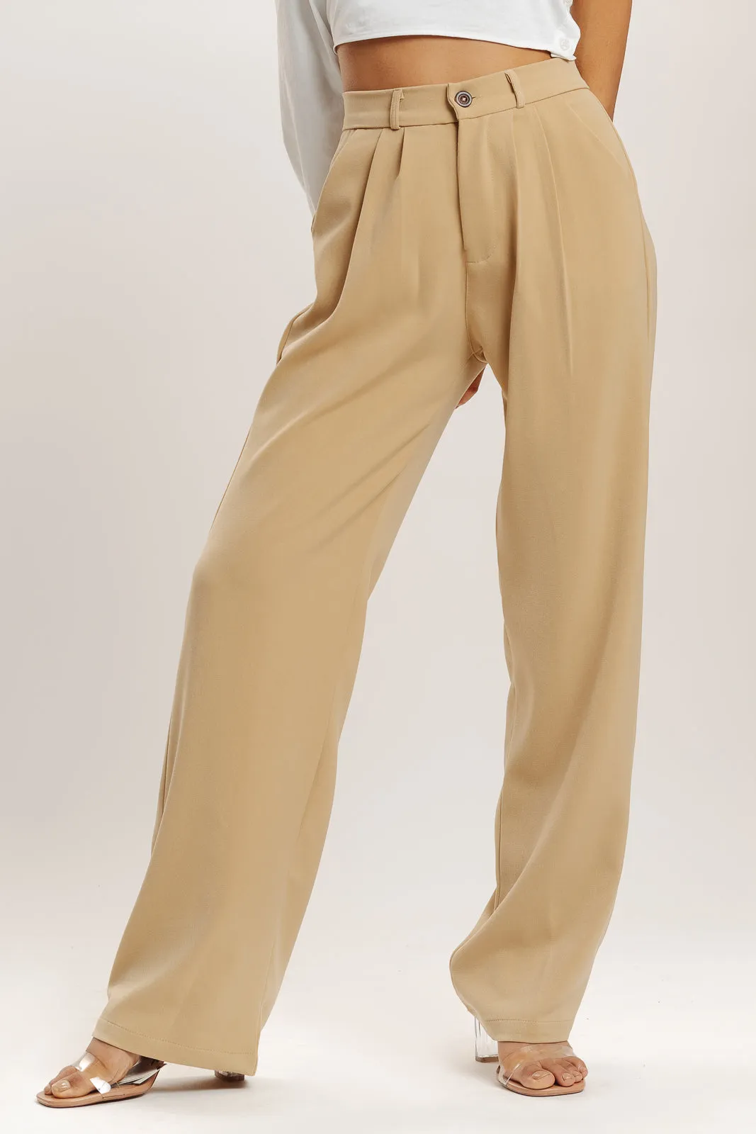 Cream Pleated Straight Fit Korean Pant