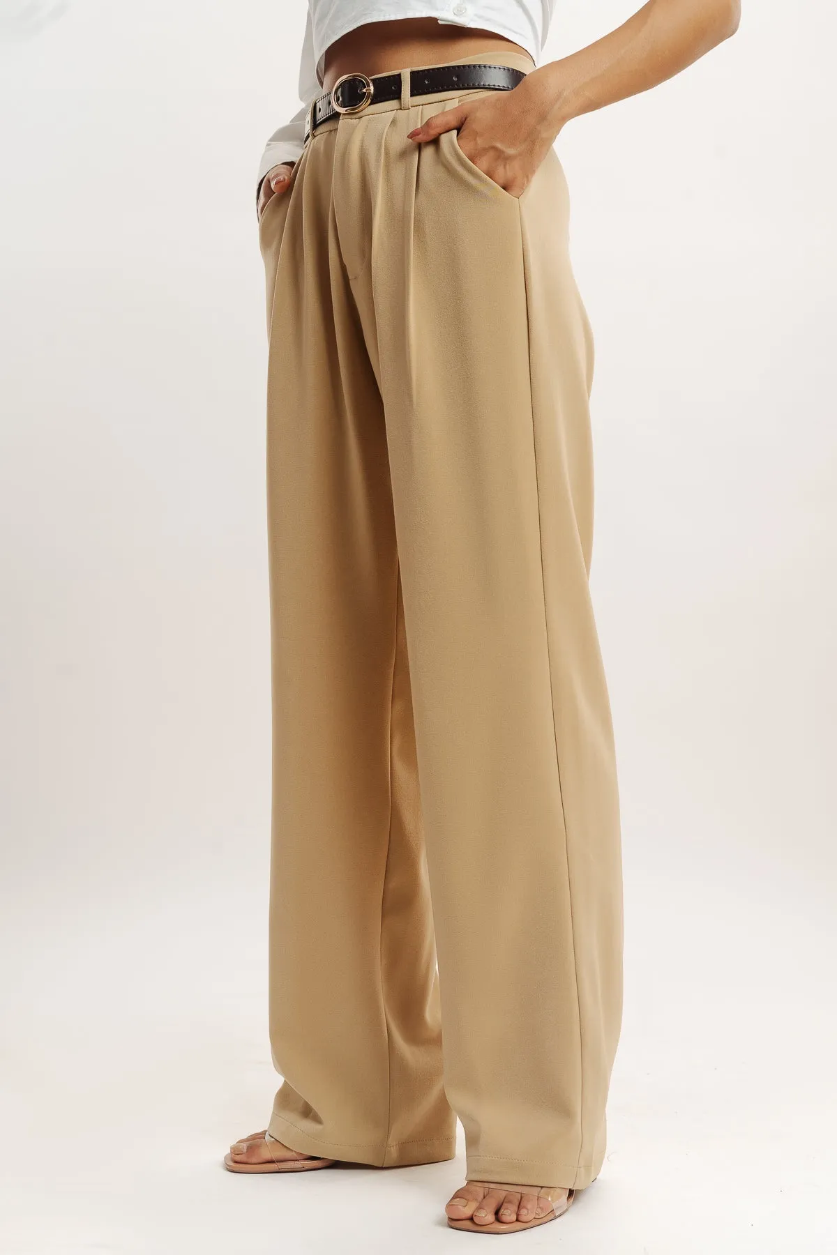 Cream Pleated Straight Fit Korean Pant