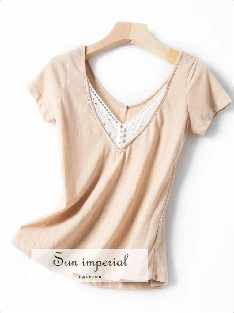 Cream V-neck front and back V Neck Women T-shirt Lace Buttons Detailing Short Sleeve Women Blouse