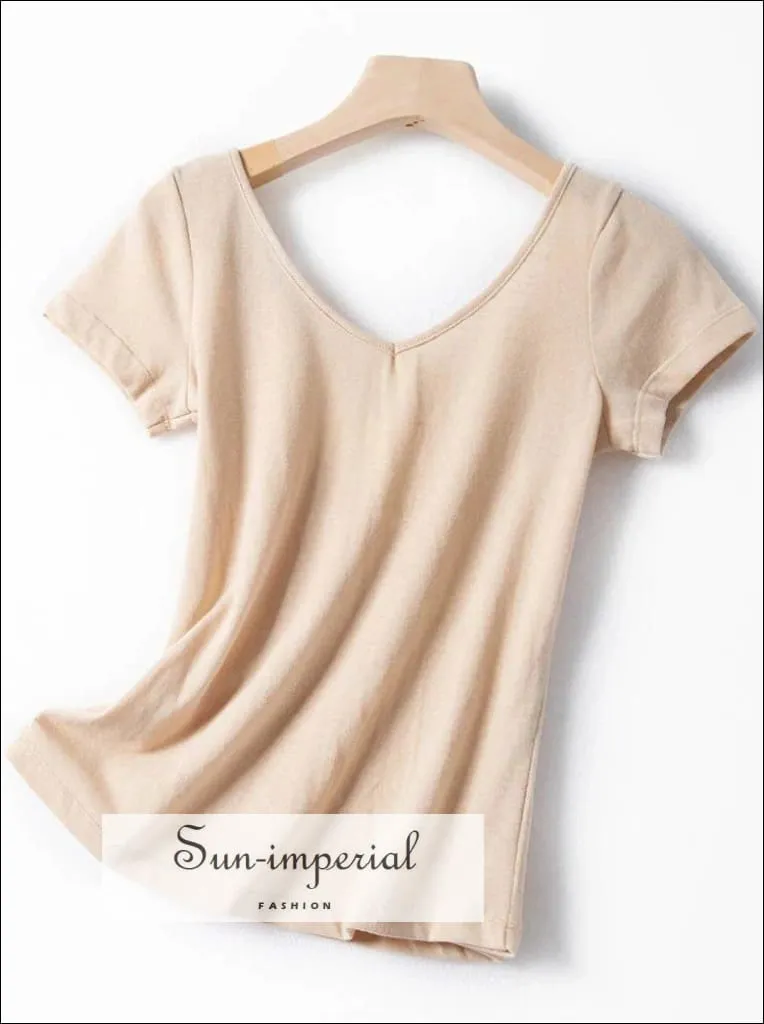 Cream V-neck front and back V Neck Women T-shirt Lace Buttons Detailing Short Sleeve Women Blouse