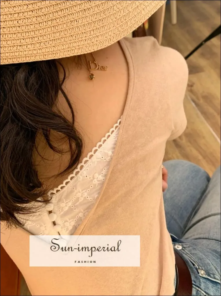 Cream V-neck front and back V Neck Women T-shirt Lace Buttons Detailing Short Sleeve Women Blouse