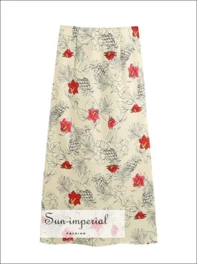 Cream Vintage Bow Tie Floral Print High Waist side Zipper Midi Skirt