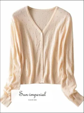 Cream Vintage V Neck Women Knitted Hollow out Slim Long Sleeve Women's Cardigan Sweater