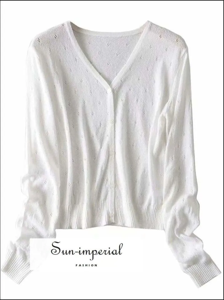 Cream Vintage V Neck Women Knitted Hollow out Slim Long Sleeve Women's Cardigan Sweater