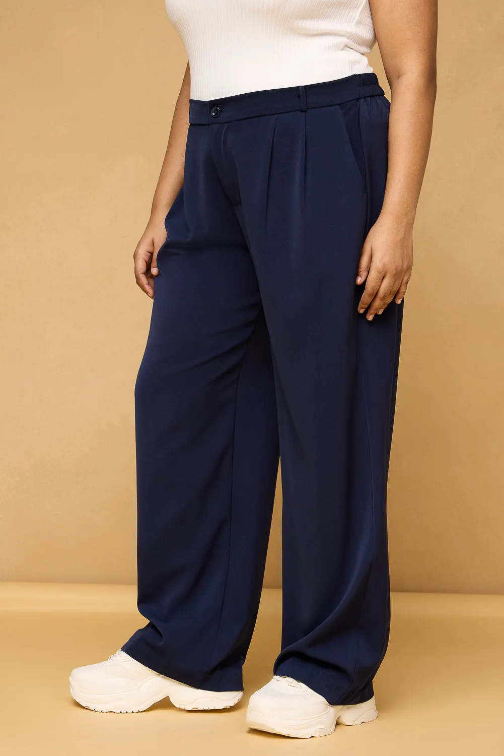 Curve Navy Blue Pleated Korean Pants