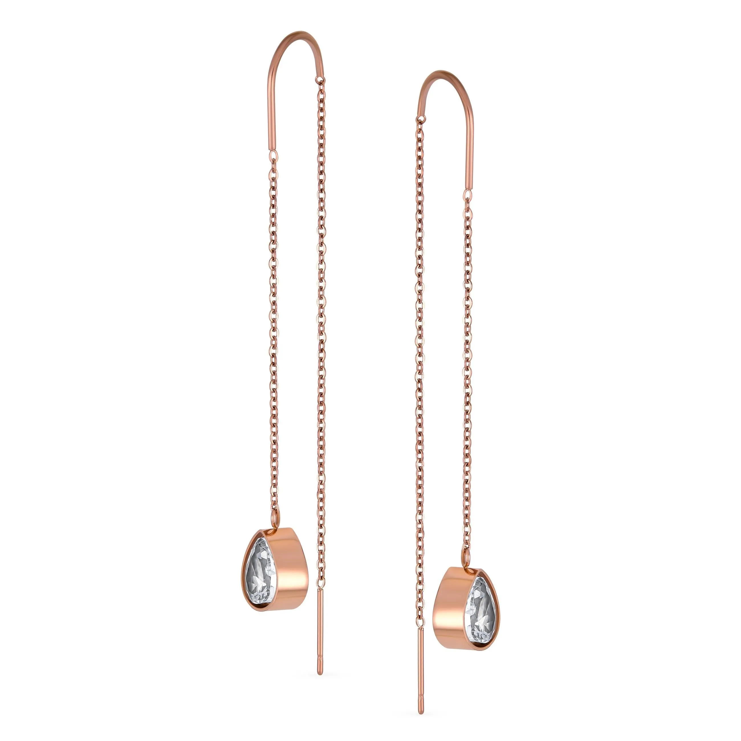 Dangle Chain CZ Teardrop Threader Earrings Rose Gold Plated Stainless