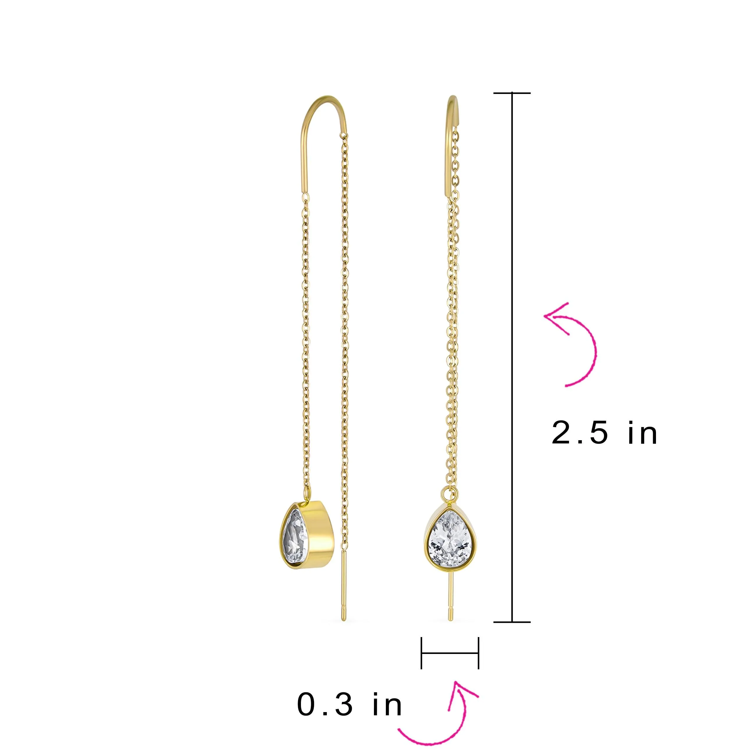 Dangle Chain CZ Teardrop Threader Earrings Rose Gold Plated Stainless