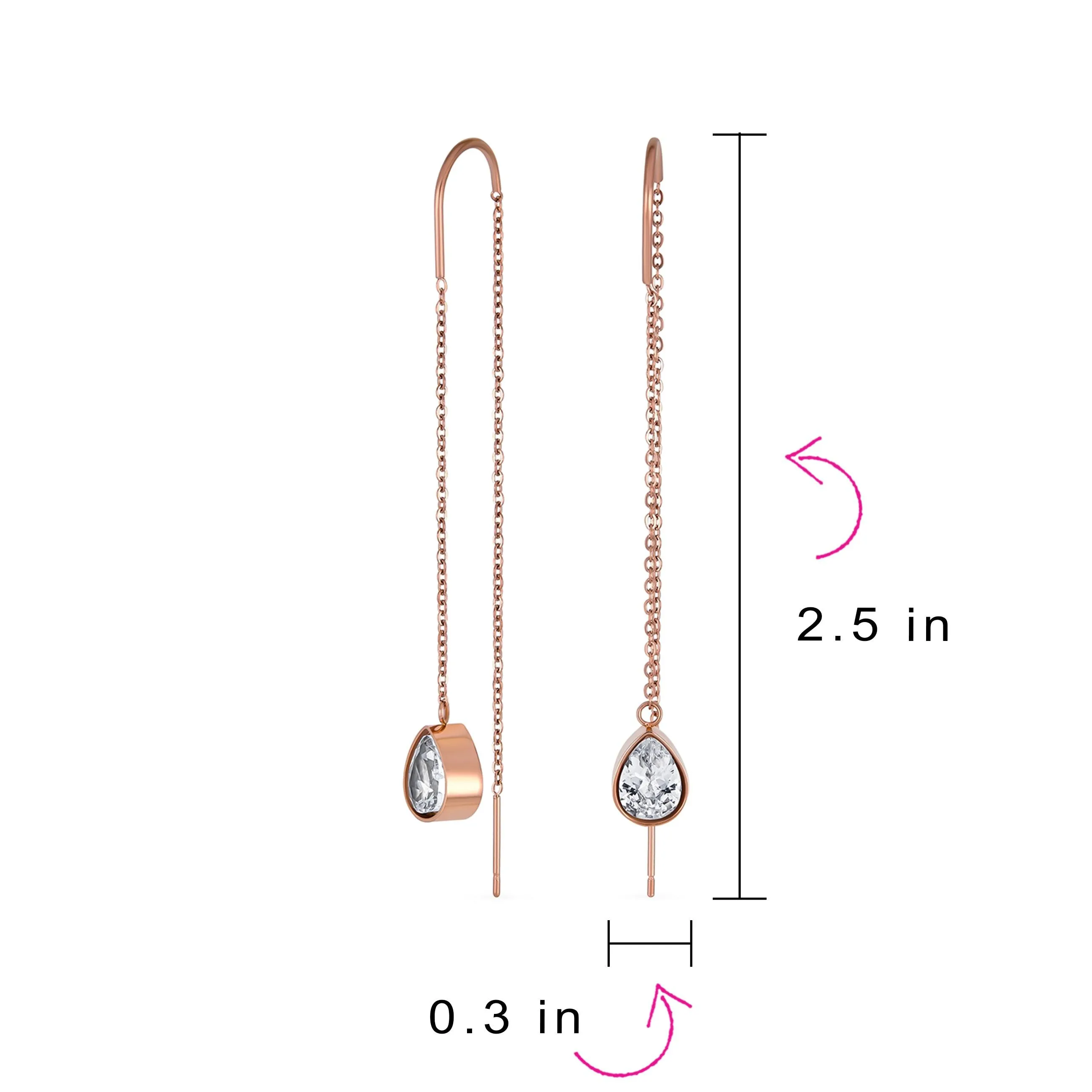 Dangle Chain CZ Teardrop Threader Earrings Rose Gold Plated Stainless