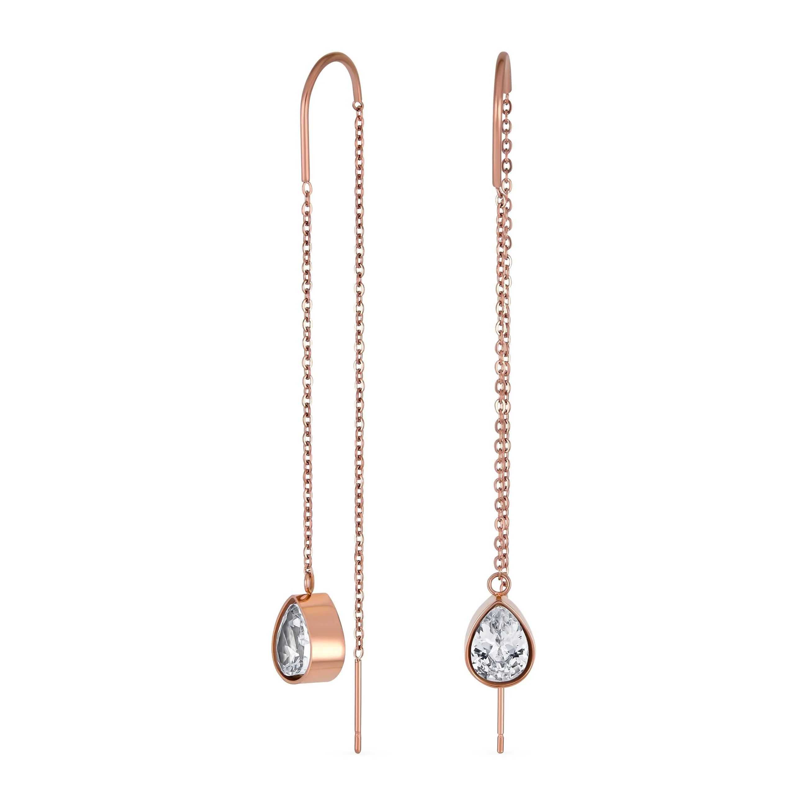 Dangle Chain CZ Teardrop Threader Earrings Rose Gold Plated Stainless